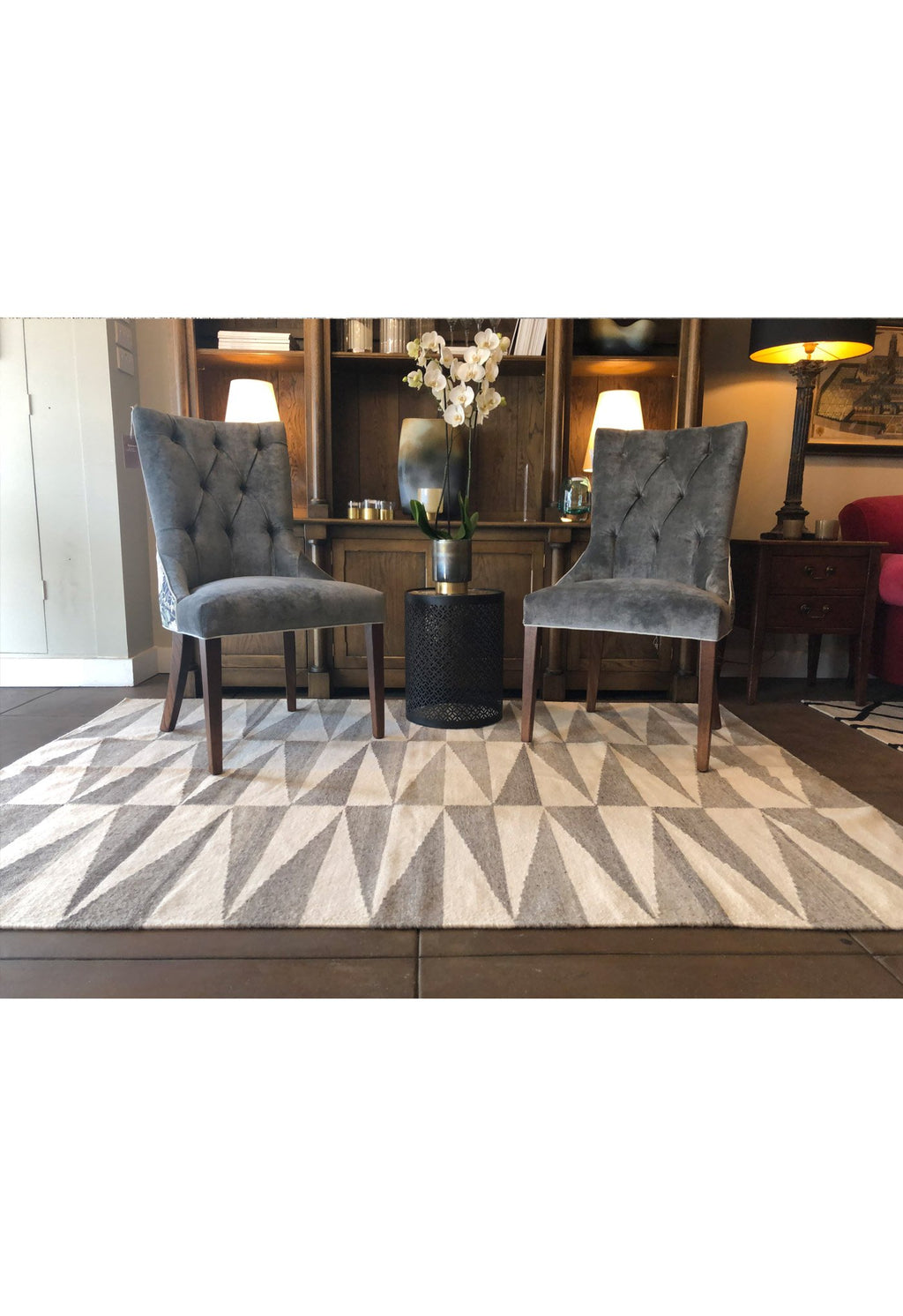 grey geometric rug in room